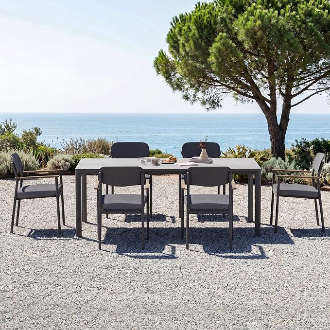 Modern Shade Luxury Outdoor Dining Set for 7, Outdoor Table and Chairs Set with Fade Resistant Cushions & FSC Teak, Premium Aluminum Patio Table and Chairs Set for Elegant Outdoor Living, Gray