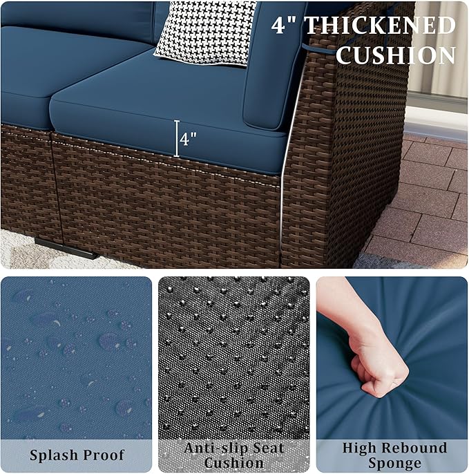 Patio Furniture Set, 5 Pieces Outdoor Sectional Sofa Set, PE Wicker Rattan Slanted Back Outdoor Conversation Set with Cushions and Glass Coffee Table, Navy Blue