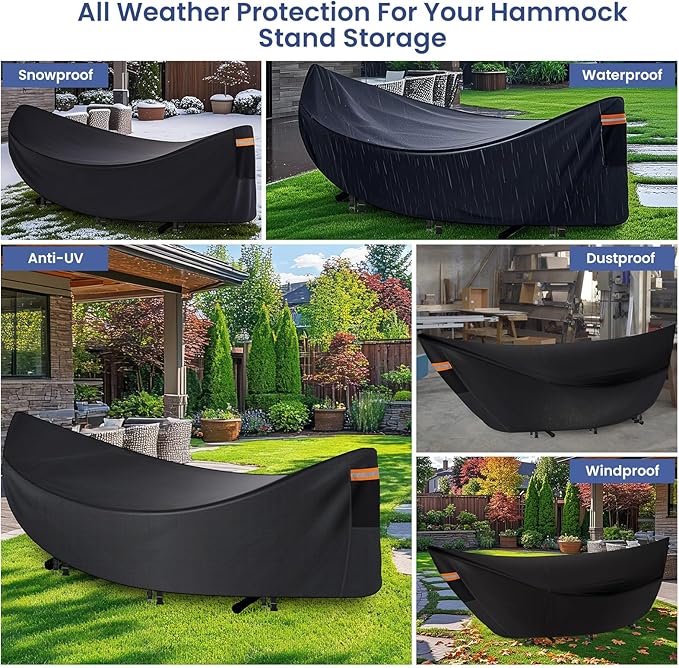 Hammock Cover Waterproof,Heavy Duty 420D Hammock Stand Covers for Outdoor,Breathable Dust Protector with 2 Air Vents,3 Windproof Buckles，Universal Cover Fits for 11-12ft Stand,All-weather Protection