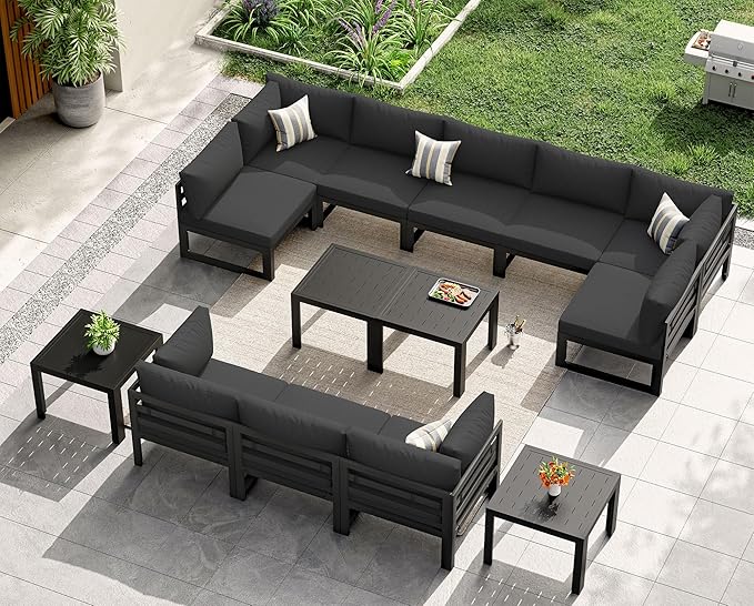 NICESOUL 14 Piece Extra Large Modern Aluminum Patio Furniture Set, Modular Outdoor Conversation Set with Coffee Table, 500 lbs Heavy Duty Comfortable Sectional Sofa for Poolside Exterior, Black