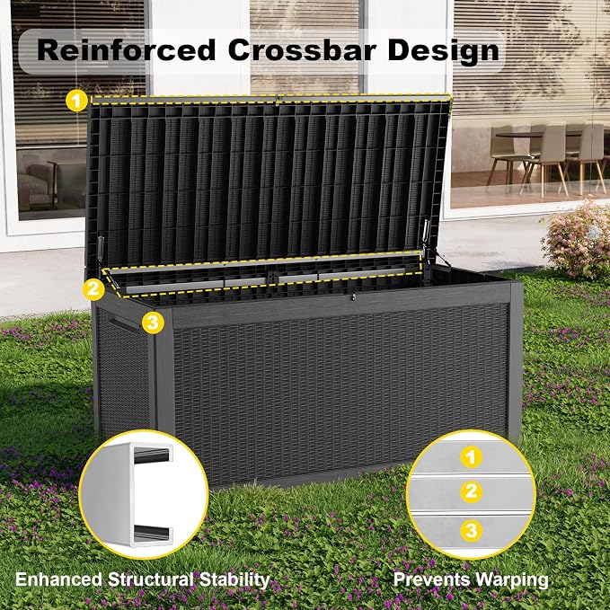 320 Gallon Outdoor Storage Box,Large Waterproof UV Resistant Deck Box,Lockable Storage Container for Patio Furniture Cushions Garden Tools and Pool Accessories(Black)