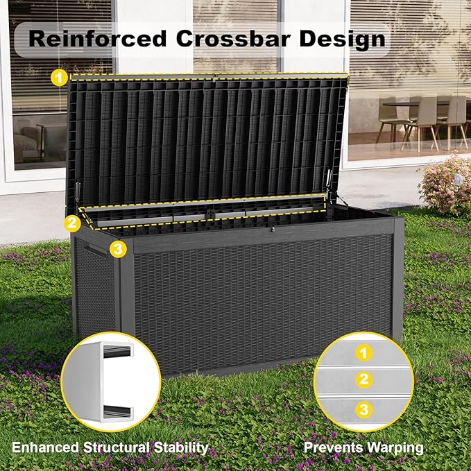 PatioZen 320 Gallon Outdoor Deck Box,Waterproof Resin Outdoor Storage Boxes, Outside Storage Lockable Container for Garden Tools,Indooor Cushions,Accessories (Black)
