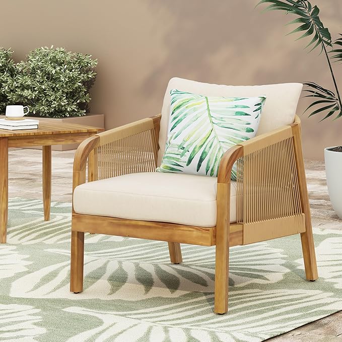Merax Outdoor Acacia Wood Wicker Patio Club Chair,Conversation Set,Faux Rattan Accents