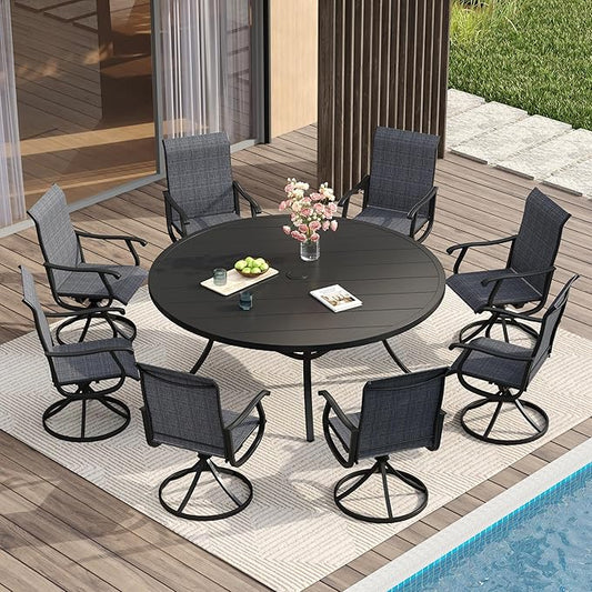 VICLLAX Patio Dining Set for 8, 9 Pieces Outdoor Furniture Includes 60" Round Patio Table with Umbrella Hole and 8 Outdoor Swivel Chairs for Lawn Garden, Black Tabletop and Dark Grey Fabric