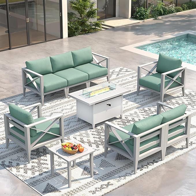 Aluminum Outdoor 7-Seats Patio Furniture Set with 43" Fire Pit Table, Sectional Conversation Sofa with 5.2" Thick Cushions & Coffee Table, Rust-Resistant Frame Seating Sofa for Porch, Backyard, White