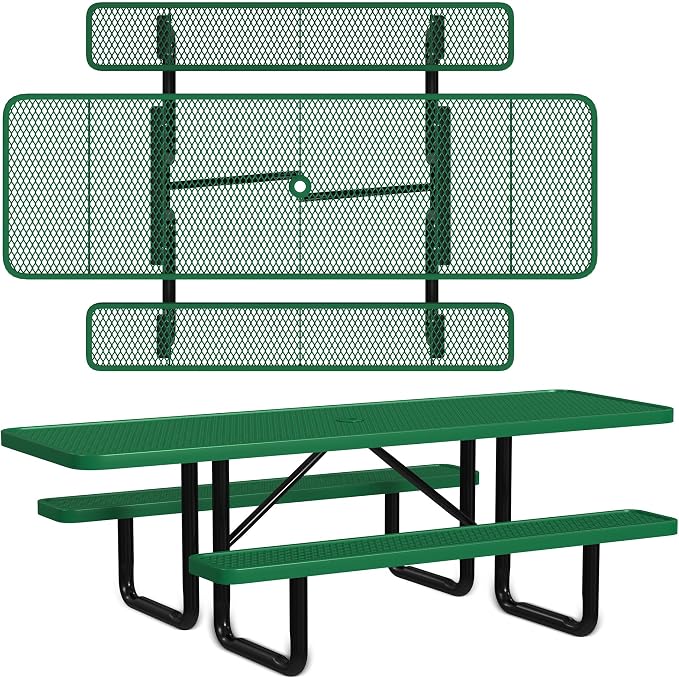 Leisure Craft Metal Picnic Table with Bench - 8 ft Rectangle Outdoor Dining Table with Umbrella Hole, Heavy Duty Thermoplastic Coating, ADA Compliant, Commercial Grade Furniture Made in USA - Green