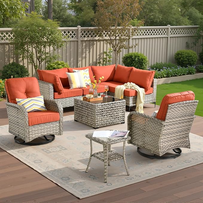 8 Pieces Patio Sectional Furniture Set, Outdoor Wicker Sectional Couch with High Back Swivel Rocker Chairs Solar Lights Table, Modern Conversation Set for Porch Balcony Backyard, Red