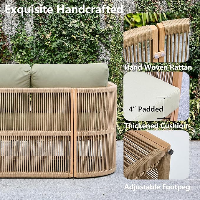 4 Piece Patio Furniture Set, Aluminum Patio Conversation Set, Rope Rattan Patio Sectional Sofa, All Weather Outdoor Sofa Couch with Coffee Table and Cushions for Lawn/Backyard/Deck, Green