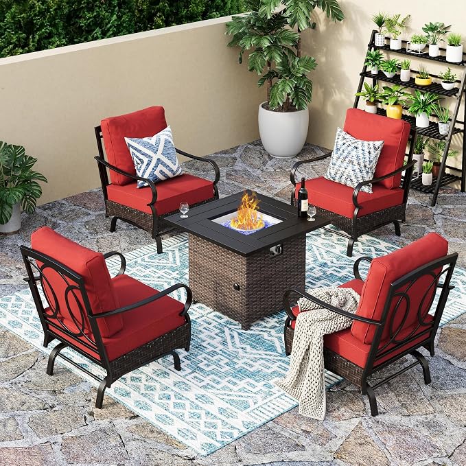 Patio Furniture Set with 32" Fire Pit Table, Patio Conversation Sets 4 Rocking Chairs with Thick Cushion and 50000 BTU Fire Pit Table (5 Pieces,Red