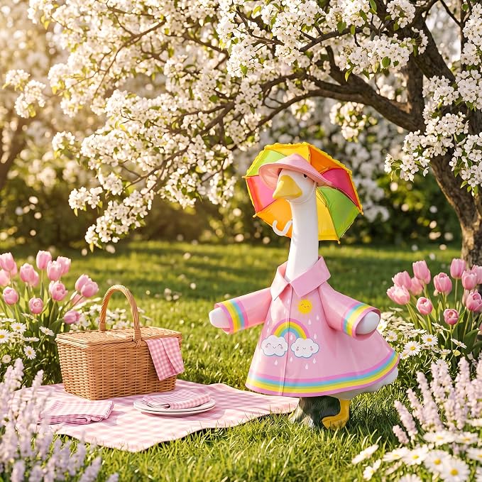 DECOHS 3 Pcs/Set Raincoat Porch Goose Outfits, Summer Lawn Goose Statue Raincoat Costume, Yard Goose Clothes Raincoats Umbrella Hat Outfit for 23" Statue Patio Garden Decoration (Pink Rainbow)