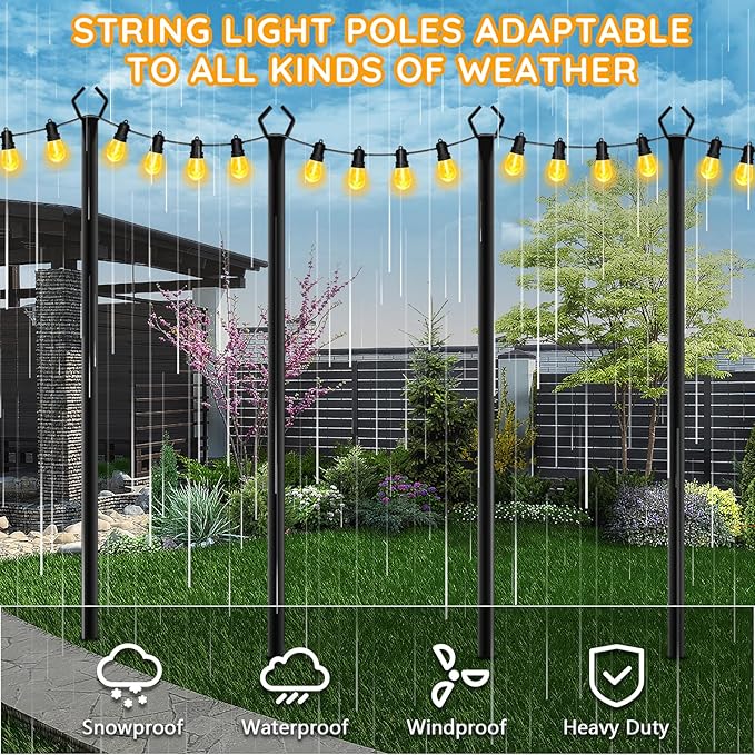 AHRLHR 6 Pack String Light Poles,Poles for Outdoor String lights10 Ft Metal Poles with Fork for Outdoor String Lights,Outdoor Light Poles with Fork,Patio,Deck,Backyard