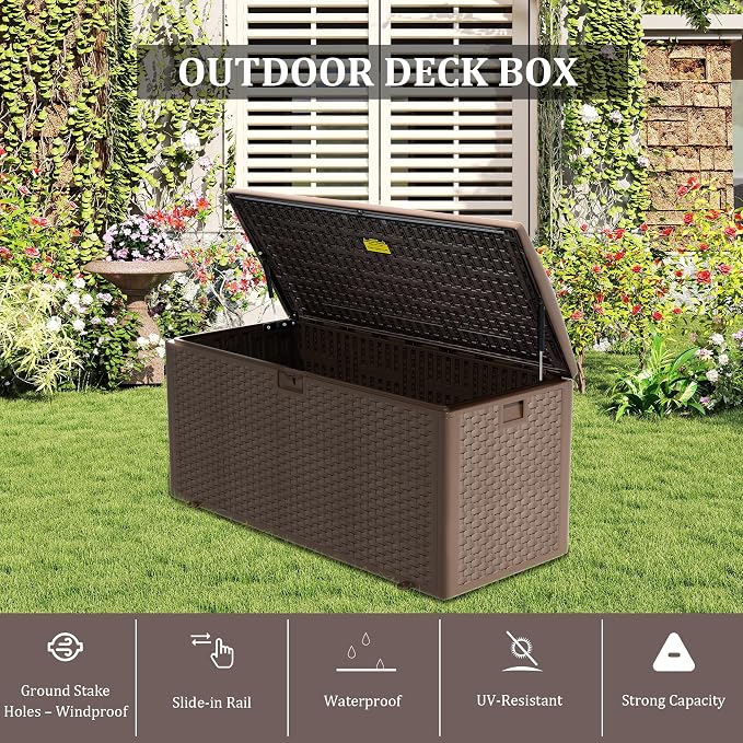 Outdoor Storage Box, 180 Pro Gallon Resin Deck Box Waterproof for Patio Furniture, Garden Tools and Pool Accessories, Lockable UV-Resistant Storage Bin Bench Cabinet for Outside, Brown