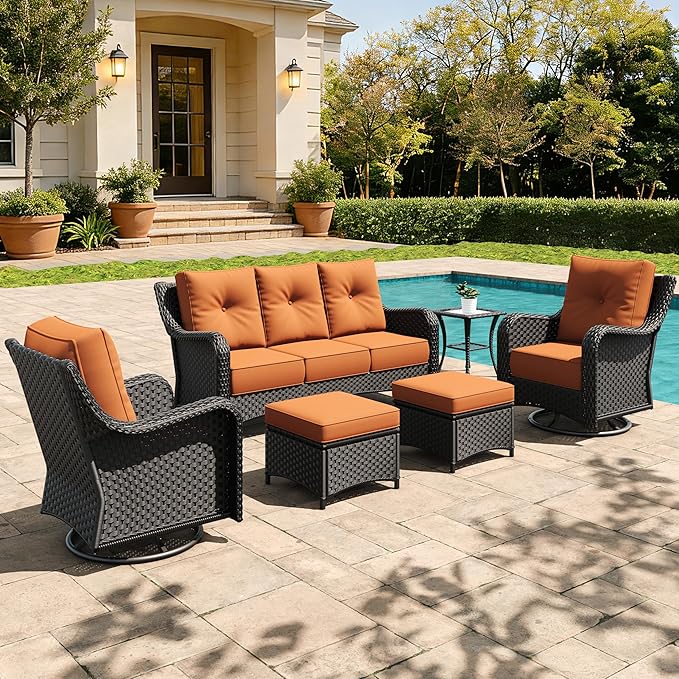 6 Pieces Outdoor Furniture Set with 6-inch Cushions, High Back Wicker Swivel Rocker Chairs with Coffee Table, Luxury Conversation Set for Deck Patio and Poolside