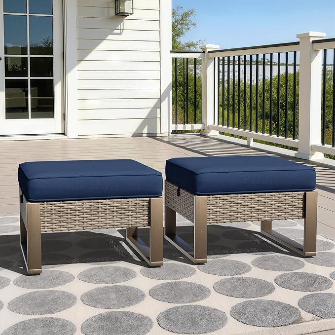 Patio Metal Wicker Ottoman Set of 2, Outdoor PE Rattan Footstools with Removable Cushions & Wood-Looking Metal Steel Framed Legs for Garden Backyard Porch Deck, Dark Blue