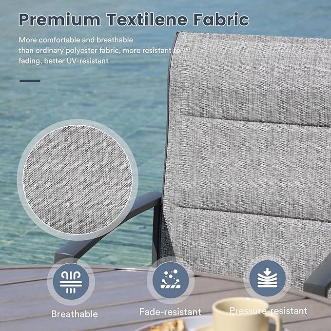 VICLLAX Patio Dining Set for 6, 6 Seats Outdoor Furniture Includes 53.1" Round Patio Table and Swivel Padded Chairs, Grey Wood Grain Tabletop and Grey Fabric