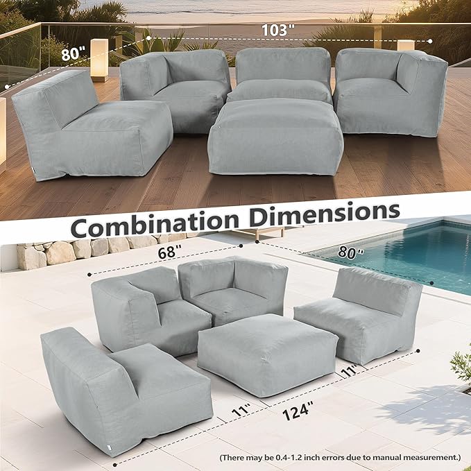 Patio Furniture Set, 5 Pcs Outdoor Conversation Set with Bean Bag Middle Chairs, Corner Chair, Ottomans, Modern Foam Couch Set for Garden, Deck, Balcony (5, Light Gray)