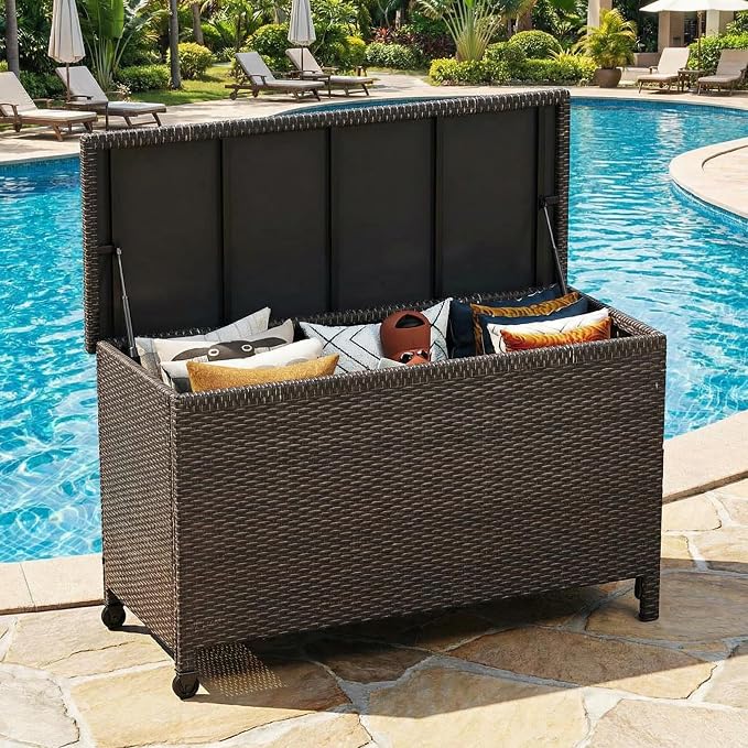 TrailBlaze 120 Gallon Large Outdoor Deck Storage Box – Waterproof PE Rattan Chest with Gas Strut & Lockable Lid, Durable Patio Bench for Cushions, Garden Tools, Pool Supplies
