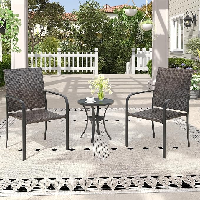 3 Pieces Patio Bistro Sets, 18.1" Small Round Outdoor Table and Wicker Stackable Patio Dining Chairs for Garden Backyard, Black