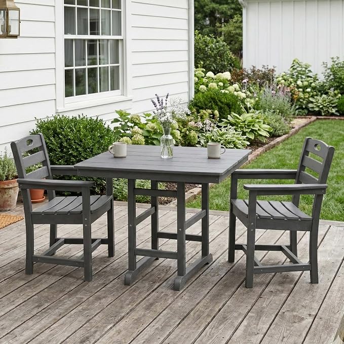 WILLIAMSPACE 37.8" Outdoor Patio Dining Set with 2 Armchairs, All Weather HDPE Square Dining Table with Umbrella Hole, Patio 3-Piece Bistro Set for Backyard, Balcony, Lawn, Kitchen (Grey)