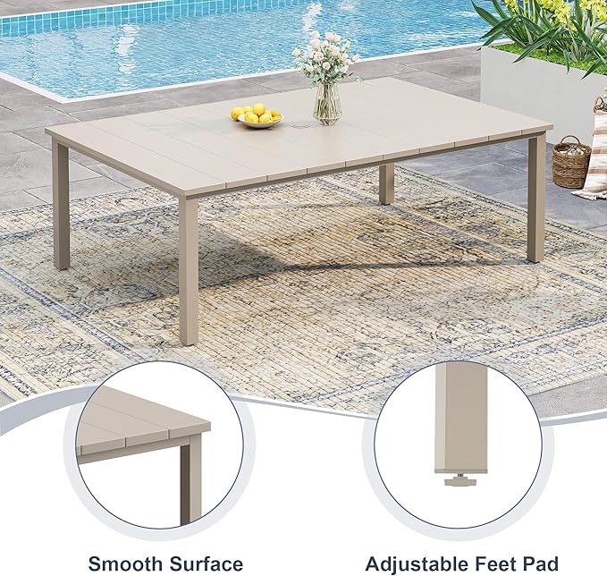 VICLLAX Patio 7 Pieces Outdoor Dining Set for 6, 63" Rectangular Metal Dining Table with Umbrella Hole, 6 Stackable Chairs for Lawn, Garden, Porch, Sandshell