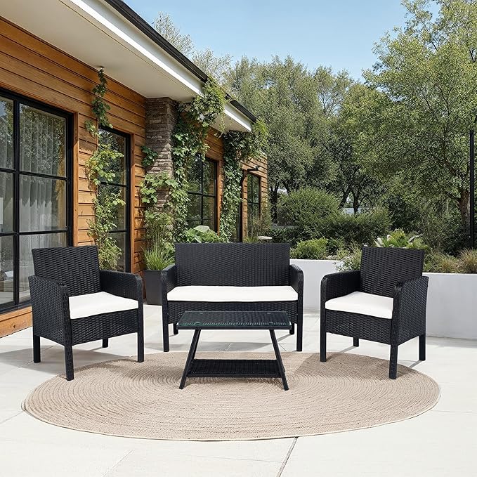 SAFAVIEH PAT7505A Collection Aboka Black and Beige 4-Piece Outdoor Living Patio Set