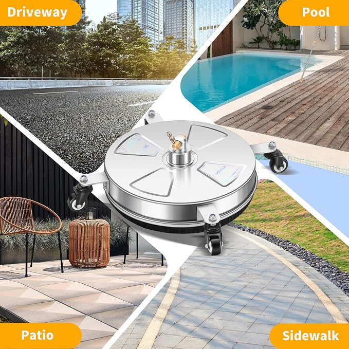 16" Pressure Washer Surface Cleaner with 4 Wheels - Stainless Steel Surface Cleaner for Pressure Washer Attachment for Concrete, Patio, Sidewalk, Deck, Driveways and Daily Washing - PWS 16