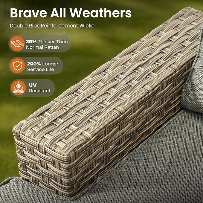 ovios 9 Piece Patio Sectional Furniture with Swivel Rocking Chairs, Rattan Wicker Coversation Couch Set, Outdoor Sofa Set for Outside Porch Balcony Backyard Pool, Dark Grey
