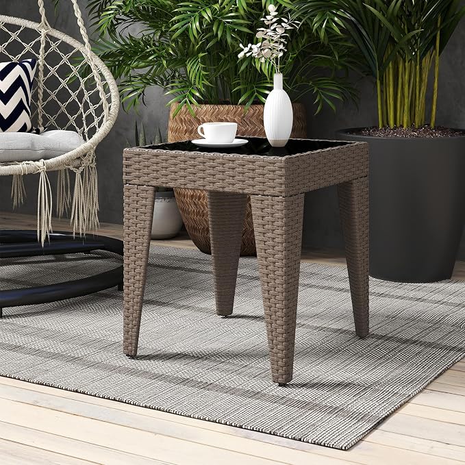 Kinfant Rattan Patio Side Table - Modern Wicker End Table, PE Rattan Coffee Table with Glass Top, Weather-Resistant Patio Furniture for Patio, Balcony, Garden, and Poolside (1, Rattan Sesan)