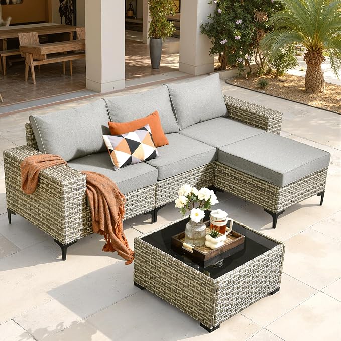 ovios 5-Piece Patio Furniture Set with L-Shape Sofa Chaise, Outdoor Sectional Couch Coffee Table, Modern Modular Wicker Rattan Conversation Set, Dark Grey