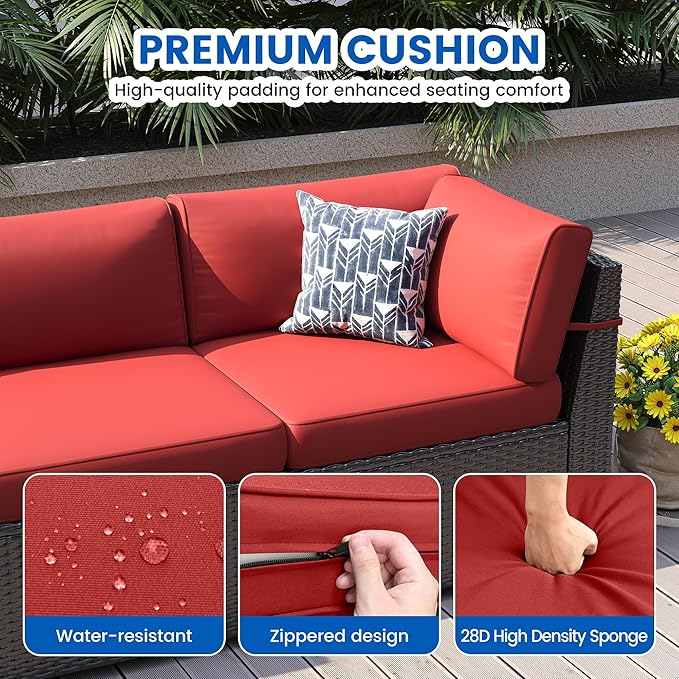 Patio Furniture Sets, 7-Piece Outdoor Patio Furniture with Thick Cushions,Coffee Table Outdoor All-Weather Conversation Set Sectional Sofa for Backyard, Poolside, Garden(Wine Red)