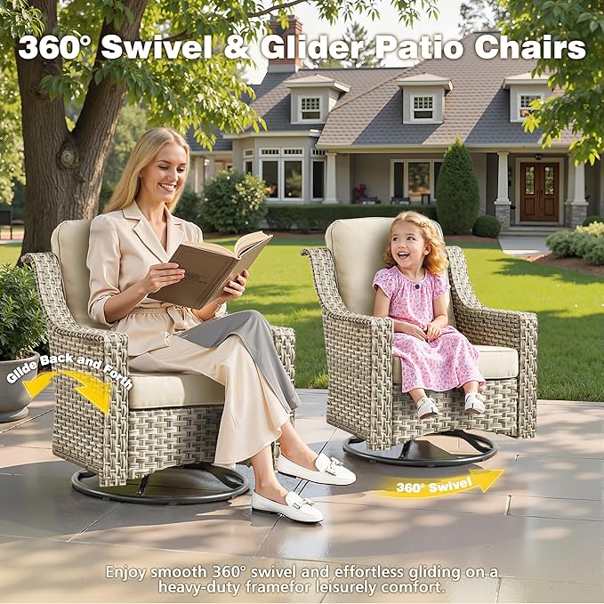 6-Piece Patio Furniture Set, Outdoor Conversation Set Sectional Sofa with Rocking Chairs and Water Resistant Cushions, Beige