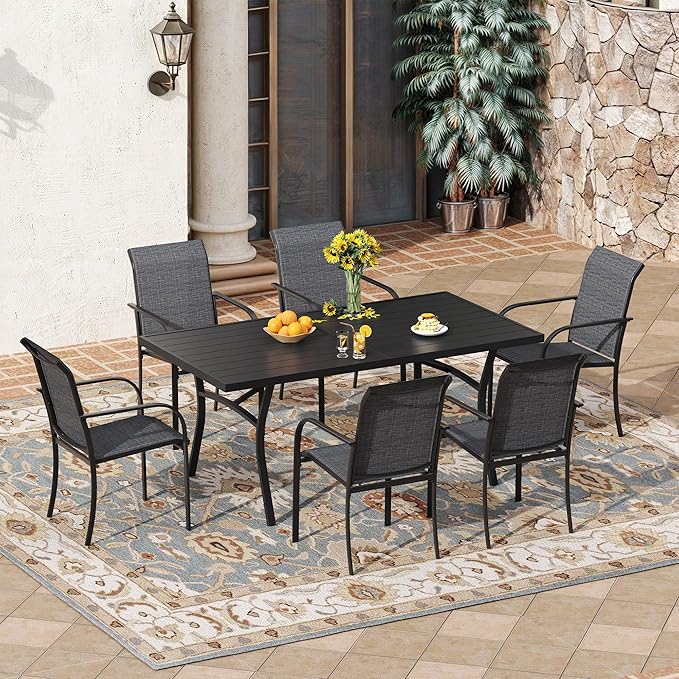 VICLLAX 7 Pieces Patio Outdoor Dining Set, 63" Outdoor Rectangular Metal Dining Table with Umbrella Hole and 6 Stackable Textilene Chairs for Lawn, Garden, Porch, Black/Grey