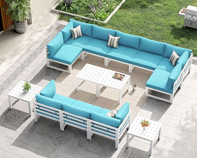 NICESOUL 14 Pcs Large Modern Aluminum Patio Furniture Set, L Shaped All Weather Modular Sectional Sofa with Coffee Table, 500 lbs Heavy Duty Comfortable Outdoor Couch for Poolside Backyard, Teal