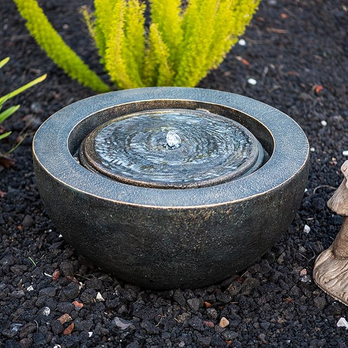 XBrand 19.8" W Round Sphere Water Fountain Indoor Outdoor with LED Light, Polyresin Bubbler Feature for Patio Garden Yard Home Décor, Bronze
