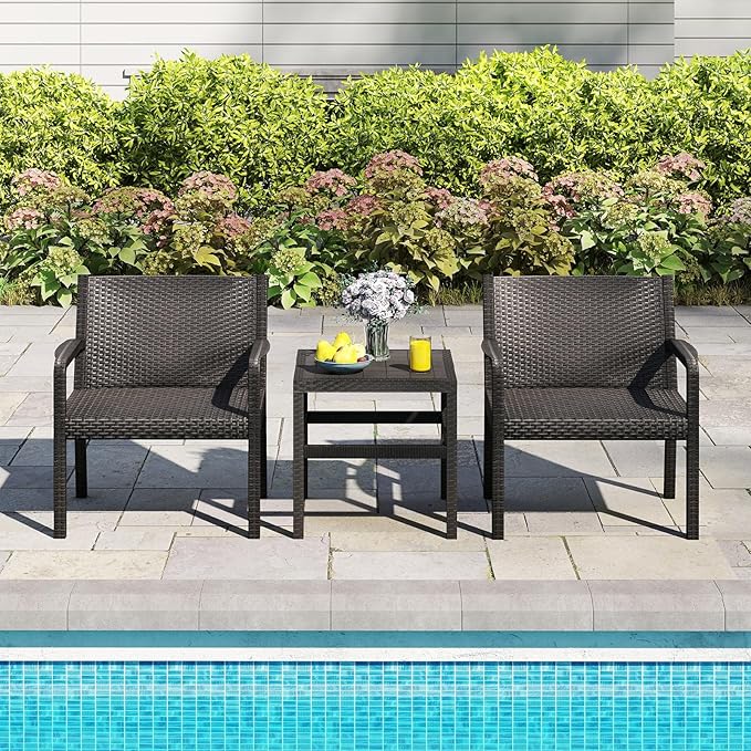 Tangkula 3 Piece Patio Furniture Set, Outdoor Wikcer Conversation Set with 2 Rattan Armchair & 25" Square Side Table, for Patio, Garden, Poolside, Bistro (Black)
