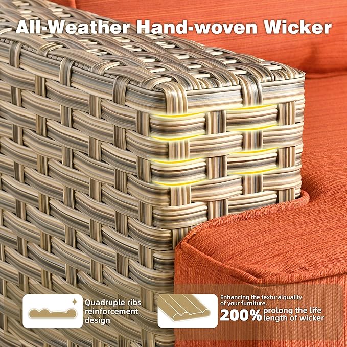 15-Piece Outdoor Sectional Sofa Set w/ 54" Fire Pit – L-Shaped Wicker Patio Furniture, Deep Seating & Swivel Rockers, Red