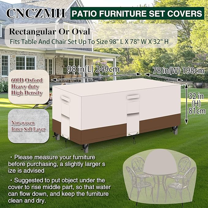Heavy Duty Patio Furniture Covers Waterproof, 600D Outdoor Furniture Cover Waterproof for Sectional Sofa Couch, Outdoor Dining Table and Chair Set Covers 98''L x 78''W x32''H, Beige Brown