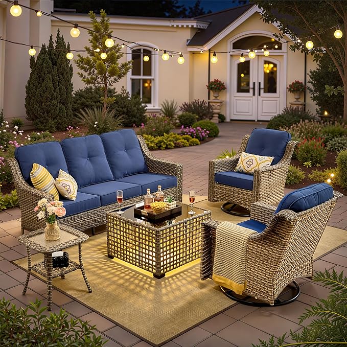 HOOOWOOO Patio Furniture Set,5 Pieces Wicker Outdoor Furniture,High Back Conversation Set with All Weather Resistant Solar Light Table Couch Swivel Chairs,Navy Blue