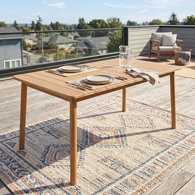 Christopher Knight Home Kegy 67" Patio Acacia Wood Dining Table with Slatted Tabletop, Outdoor Farmhouse Rectangular Dining Room Table for 6 Persons, Outdoor Dining Table for Backyard, Light Teak