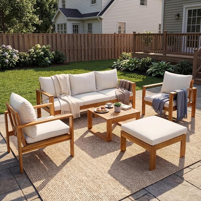 Outdoor 5pcs Acacia Wood Sectional Sofa Set, All-Weather Conversation Set with Coffee Table and Removable Cushion, Patio Seating for Garden Backyard Poolside Balcony