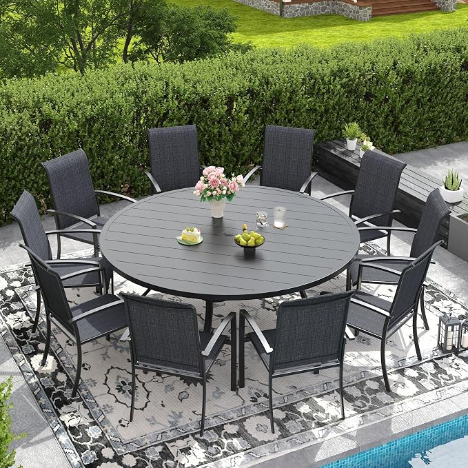 DIFY 11 Pieces Outdoor Dining Set for 10, 63" Round Dining Table with Umbrella Hole and Textilene Stackable Patio Chairs, Metal Patio Table and Chairs Set for Garden Backyard Poolside, Black