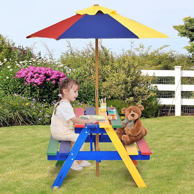 KOTEK Kids Picnic Table, Wooden Outdoor Table and Bench Set with Umbrella, Children Patio Furniture for Eating & Playing, Toddler Picnic Table for Backyard Garden, Gift for Boys Girls (Rainbow)