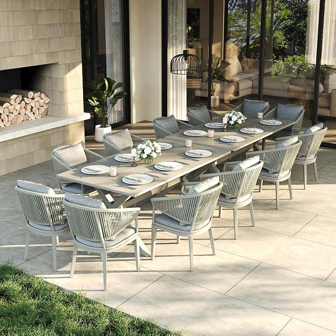 LayinSun 14 Piece Outdoor Dining Table Set, Aluminum Modern Rectangular Dining Table and All-Weather Wicker Chairs Set for Patio Deck Indoor Decor Kitchen