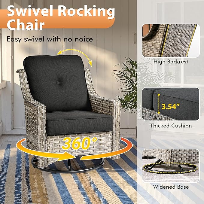 6 PCS Outdoor Patio Furniture Sets,Patio Conversation Sets Outside Rattan Soft Cushion Sofa with 2 Wicker Rocking Chairs & 54 in Fire Pit Table Fit Backyard Porch Garden Poolside Balcony,Black