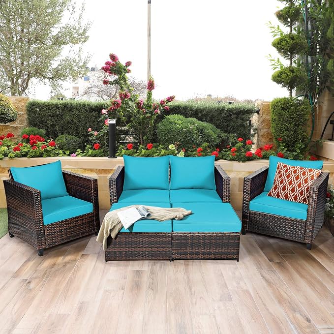 Tangkula 5 Pieces Patio Wicker Furniture Set, Outdoor Rattan Sofa Set with Loveseat, 2 Single Sofas, 2 Ottomans & Removable Cushions, Sectional Daybed Sofa Set for Yard, Garden, Poolside, Turquoise