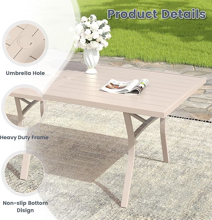 VICLLAX 9 Pieces Patio Outdoor Dining Set, 70" Outdoor Rectangular Metal Dining Table with Umbrella Hole and 8 Stackable Textilene Chairs for Lawn, Garden, Porch, Sandshell