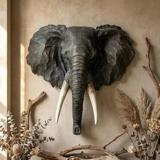 Elephant Head Wall Decor, 16 Inch | Large Resin, Faux Taxidermy Animal Mount Sculpture, Lifelike 3D Wildlife Statue, Safari Themed Rustic Cabin