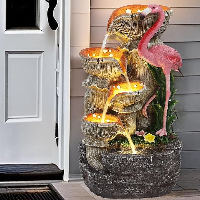 5 Tier Outdoor Indoor Water Feature Fountain, Flamingo Ornamental Cascading Waterfall with 5 LED Lights for Garden, Deck, Backyard, Patio