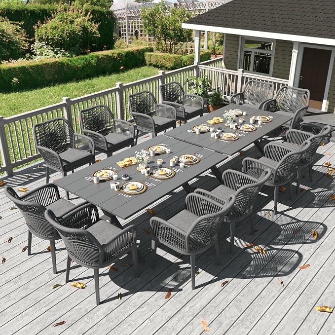 LayinSun Outdoor Dining Set for 12, 14 Pieces Patio Furniture Sets with Aluminum Dining Table and Rope Weave Chairs