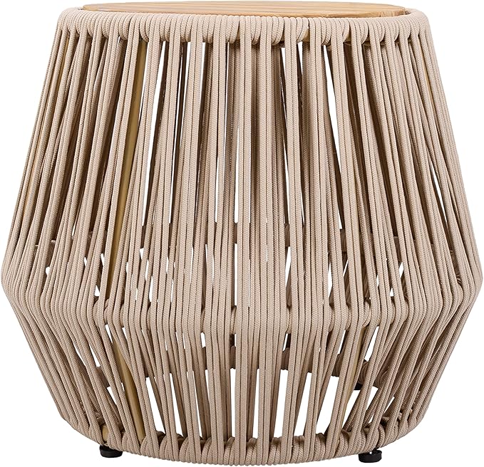 Christopher Knight Home Norshire Outdoor Side Table with Rope Base, Acacia Wood End Table, Round Patio Table, Accent Table for Garden Balcony Poolside and Indoor Use, Garden Stool, Beige+Light Teak